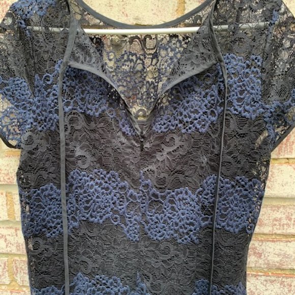 Ann Taylor Loft Black Navy Blue Striped Lace Sheer Shift Dress Sz 8 -NWT - Picture 9 of 14